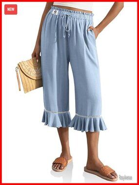 High Waisted Linen Capri Pants with Pockets Wide Leg Flared Ruffle Hem